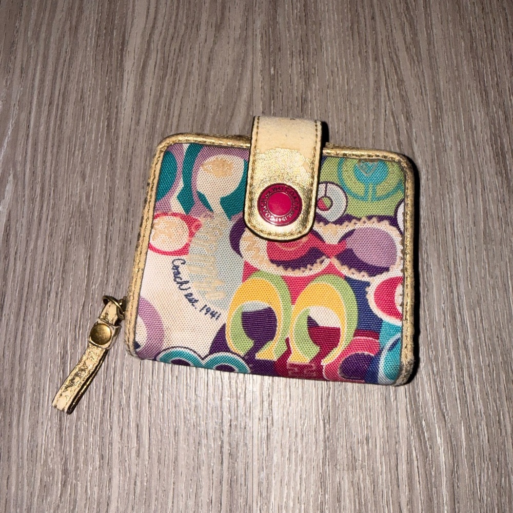 REHAB Coach Multicolor Signature Small Zip Wallet with Gold Trim